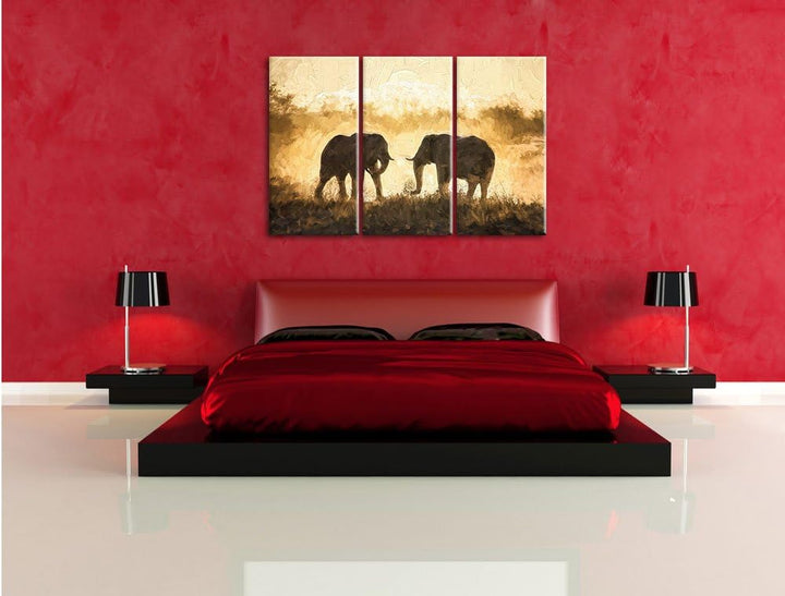 Pixxprint kämpfende Elefanten Kunst als Leinwandbild/Grösse: 3 Teilig (120x80 cm) cm/Wandbild/Kunstd