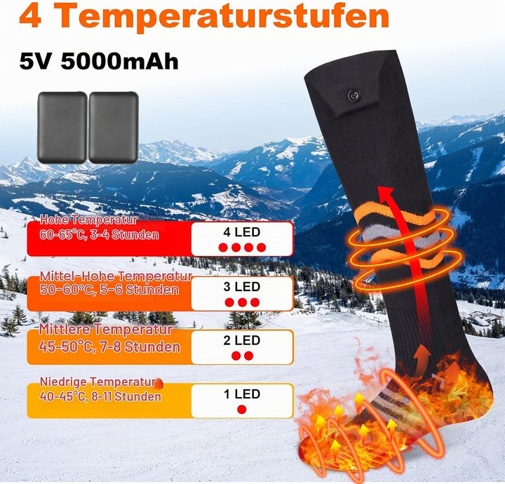 Beheizbare Socken Damen Herren, 2 X 5000mAh/5V Wiederaufladbare Heizsocken Warme Socken Bis zu 65℃ 3