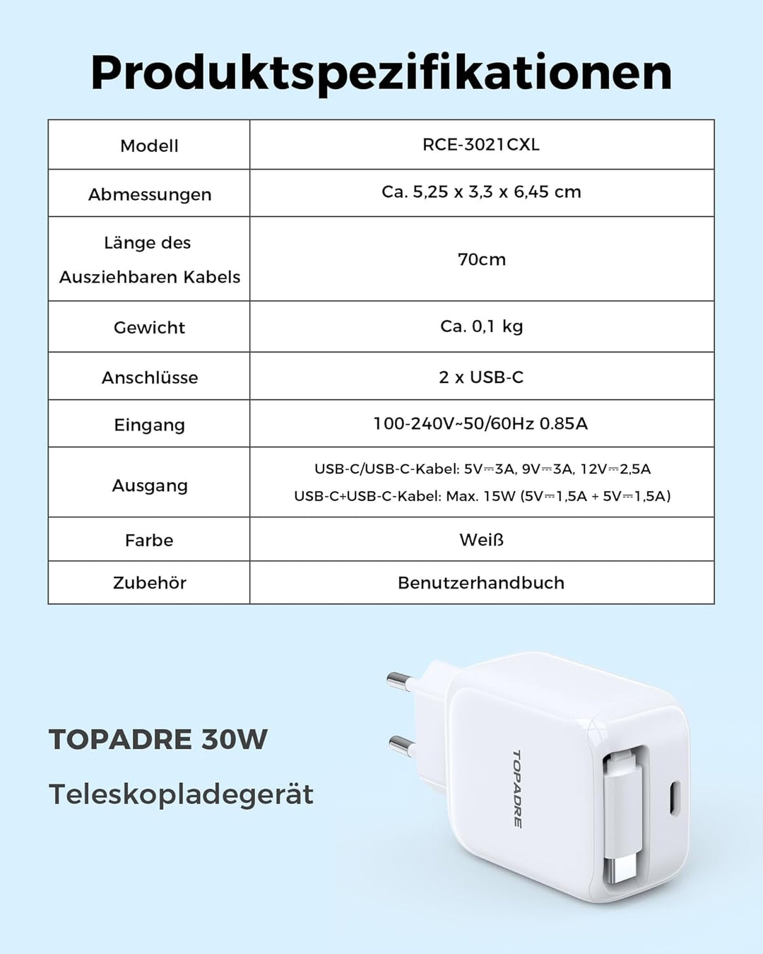 30W USB C Ladegerät, Schnellladegerät mit Einziehbares Ladekabel, GaN Ladestecker USBC PD 3.0 Power