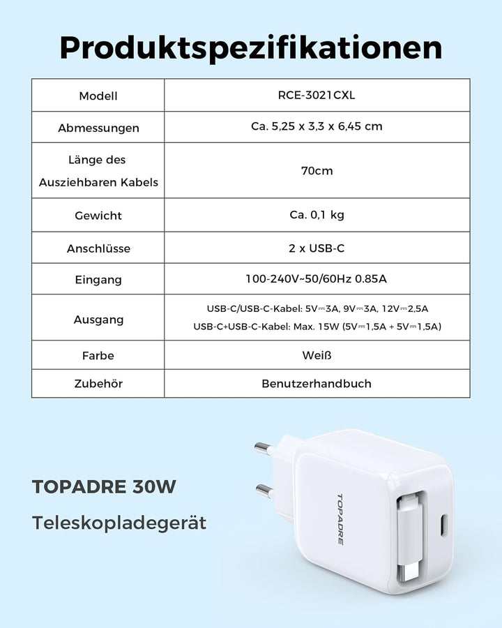 30W USB C Ladegerät, Schnellladegerät mit Einziehbares Ladekabel, GaN Ladestecker USBC PD 3.0 Power