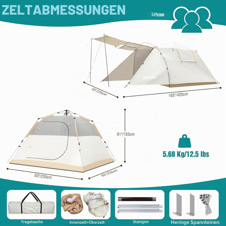 Chihee Camping Zelte Pop-Up Tragbares Zelt,Familienzelt 2 Türen Sofort aufbaubar Extra gross Wetterf