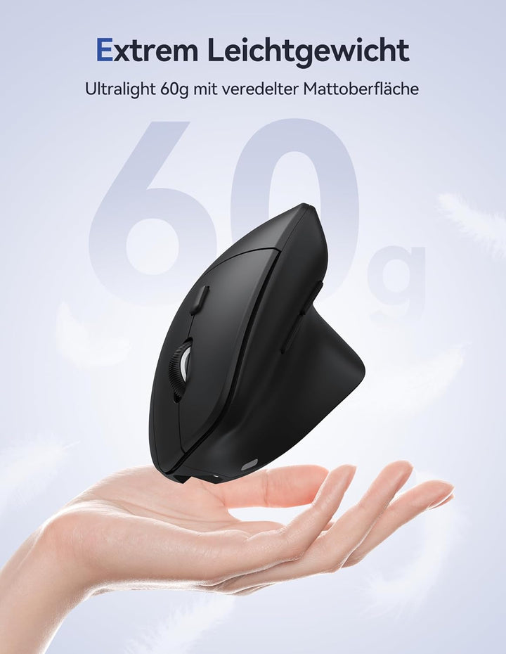 TECKNET Ergonomische Bluetooth Maus, 57g Leicht Wiederaufladbar Kabellose Vertikale Maus (BT 5.0/3.0