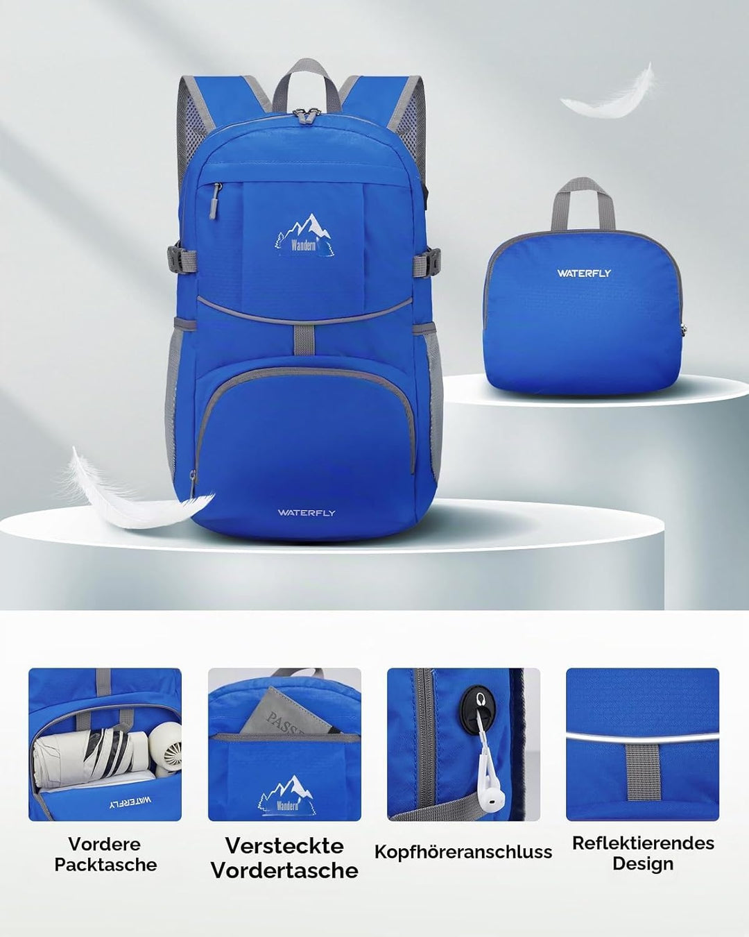 WATERFLY Faltbarer Rucksack Ultraleicht Wanderrucksack: 25L Leichter Tagesrucksack Sportlich Packabl