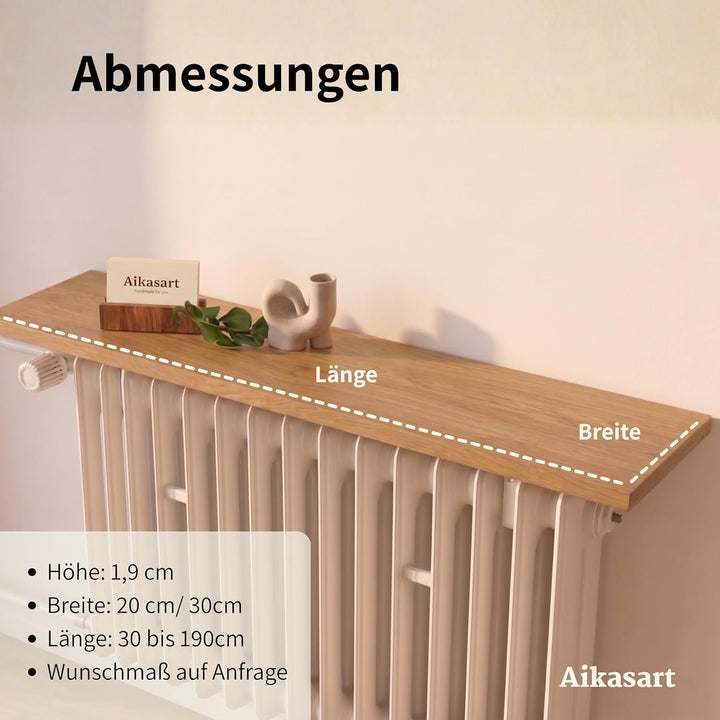 Heizungsregal Eiche Massiv – Ohne Bohren – Individuelle Länge 30-190 cm – Zum Aufstecken – Handgefer