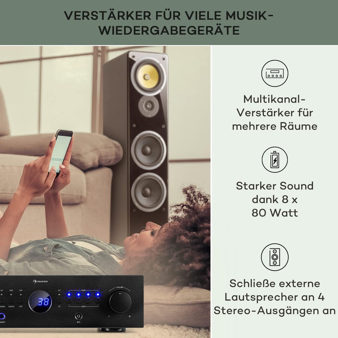 auna AMP-CD950 DG - Power Amplifier Verstärker, Ausgangsleistung: 8 x 100 Watt RMS an 4 Ohm, Built-i