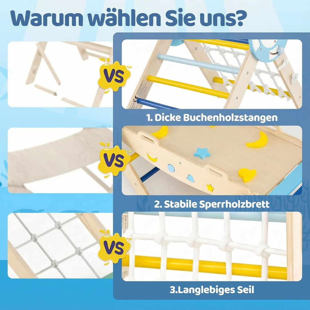 COSTWAY Klettergerüst Indoor 3er Set, klappabres Kletterdreieck mit Rutsche, Kletterbogen, Netz, ink