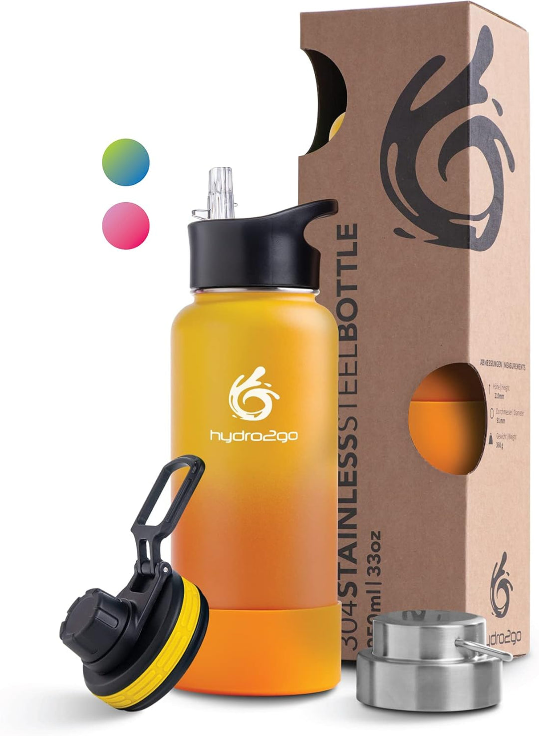 hydro2go ® Trinkflasche aus Edelstahl 1000 ml / 1 Liter - für Sport, Fitness & Outdoor | Thermo Edel