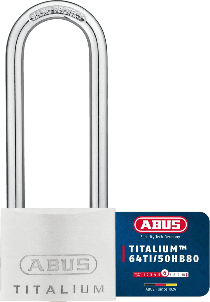 ABUS Vorhängeschloss Titalium 64TI/50HB80 mit hohem Bügel - Kellerschloss mit Schlosskörper aus Spez