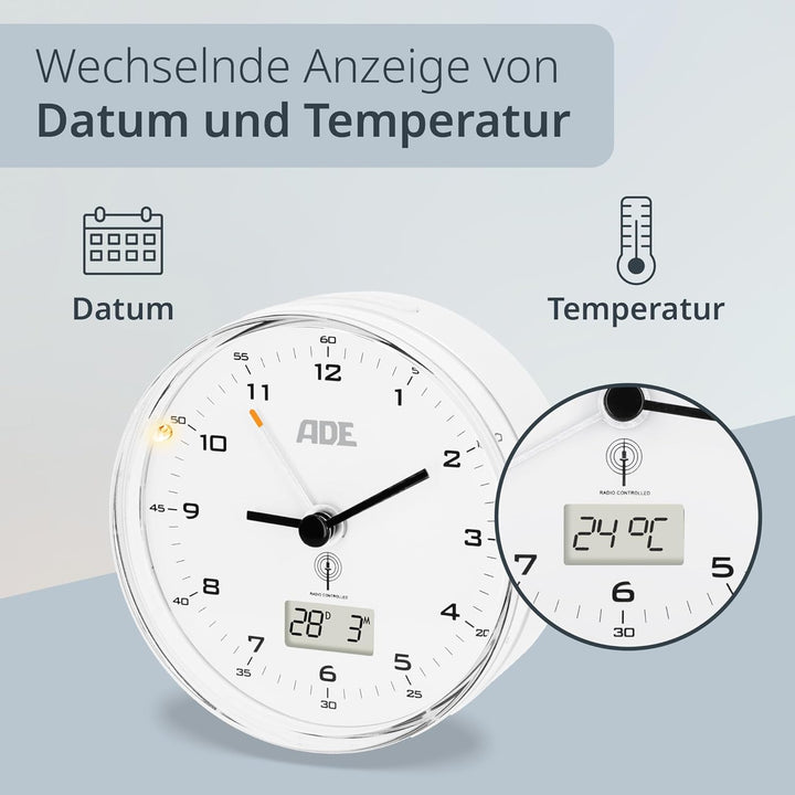 ADE Funk wecker analog ohne Ticken | Uhr mit Temperaturanzeige und Kalender | lautloser analoger Wec