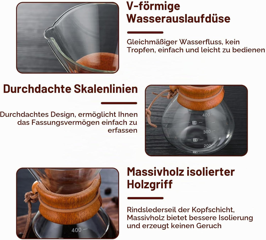 HERCHR Pour Over Kaffeebereiter Hand Kaffee Edelstahl Handfilter Aus Glas Mit Permanentfilter 400ML,