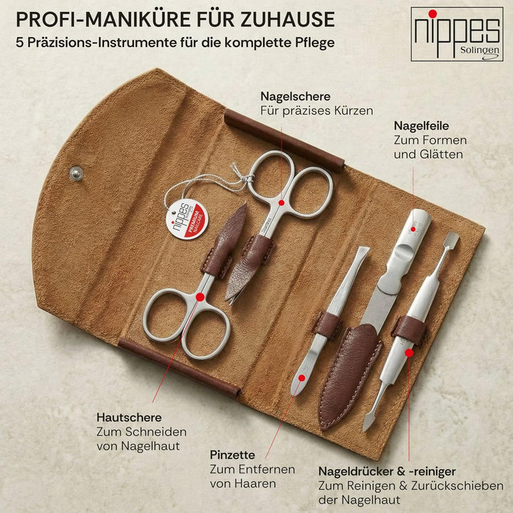 nippes Solingen Classic Premium-Maniküre Set, 5-teilig, Echtes Rindsleder-Nageletui, braun, Edelstah