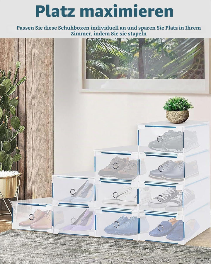 10er Set Schuhboxen - Stapelbare Schuh Organizer aus transparentem Kunststoff mit Schubladen - DIY S