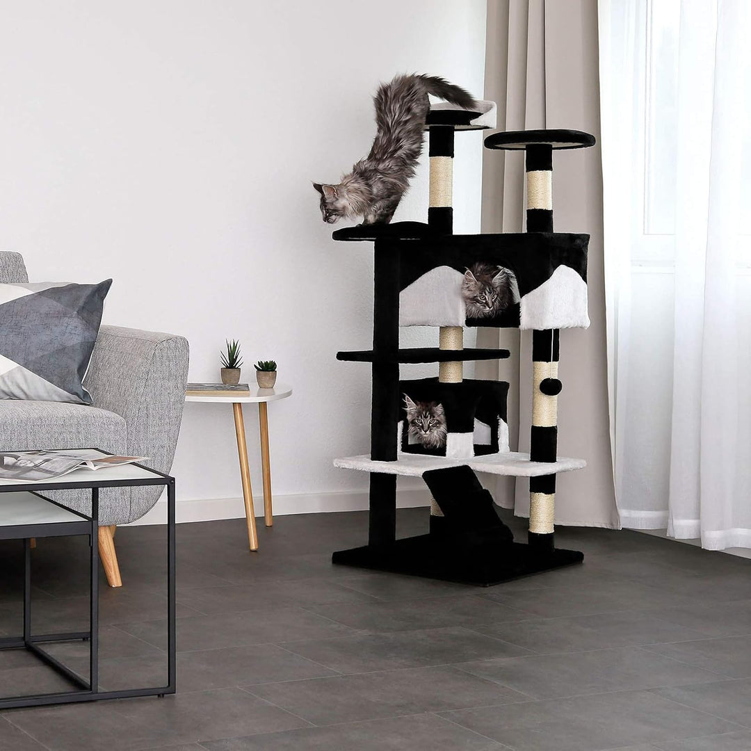 lionto Kratzbaum für Katzen mit 2 Plüschbällen & 3 Plattformen, Höhe 130 cm, Katzenbaum mit Sisal &