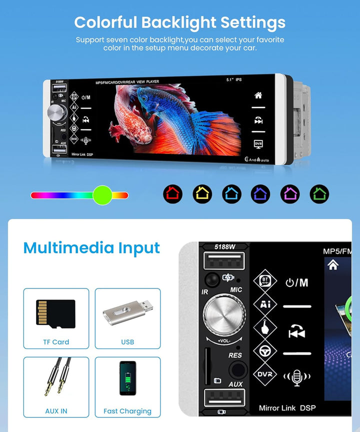 Rimoody Wireless Carplay Autoradio 1 Din, 5,1 Zoll HD Touchscreen Autoradio Single Din mit Knopf Blu