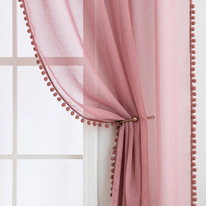 MIULEE Voile Gardine Pompons Stangendurchzug 2er Set B140 H145 Altrosa | Luftige Voile-Gardine mit P