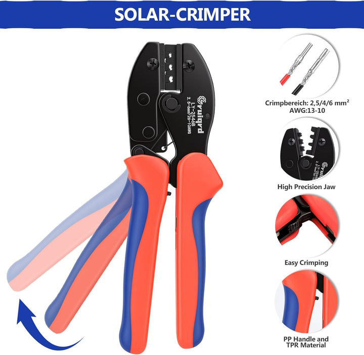 Solar Crimpzange Werkzeug Set für 2.5/4/6mm² PV Kabel,10 Paar Kabelstecker, 10 Paar Männlich/Weiblic