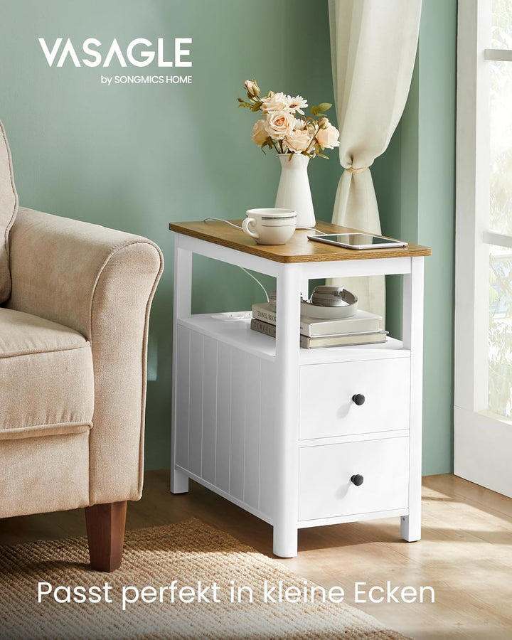 VASAGLE Beistelltisch, 2er Set, schmaler Nachttisch mit Steckdosenleiste, 2 Schubladen, Sofatisch, f