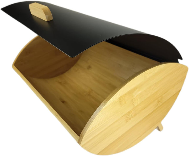 Brotkasten 35 cm, Bambus-Brotbox mit schwarzem Metalldeckel und Griff, kompakter Brotbehälter für Br