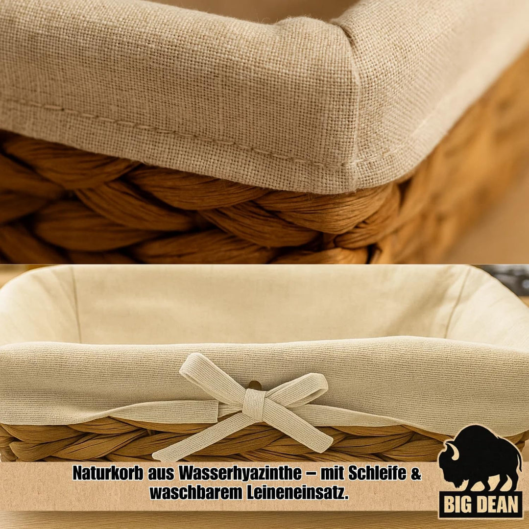 BigDean 3er Set Brötchenkorb Brotkörbchen Brotkorb modern geflochten aus Seegras mit Leinentuch