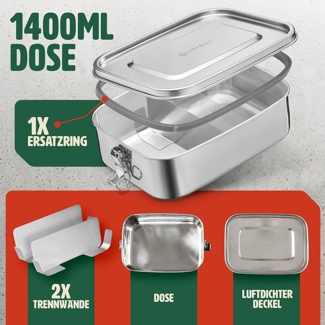 LINFELDT® Brotdose Edelstahl mit Fächern 1400ML - TOP EDELSTAHL BROTDOSE | Lunchbox Edelstahl - Brot