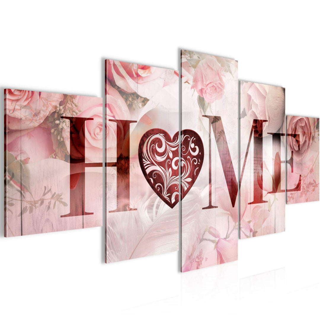 Runa Art Wandbilder Home Vintage 5 Teilig Bild auf Vlies Leinwand Deko Wohnzimmer Rosen Herz Rosa 03