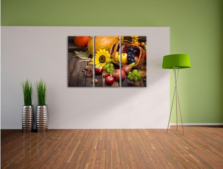 Pixxprint Herbstlicher Obstkorb als Leinwandbild | Grösse: 3 Teilig (120x80) | Wandbild| Kunstdruck