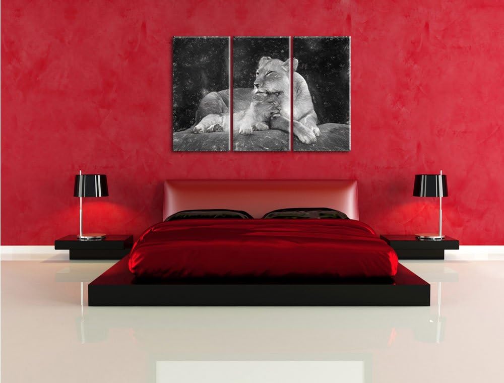 Pixxprint Löwe kuschelt mit seinem Löwenjungen Kunst Kohle Effekt 3-Teiler Leinwandbild 120x80 Bild