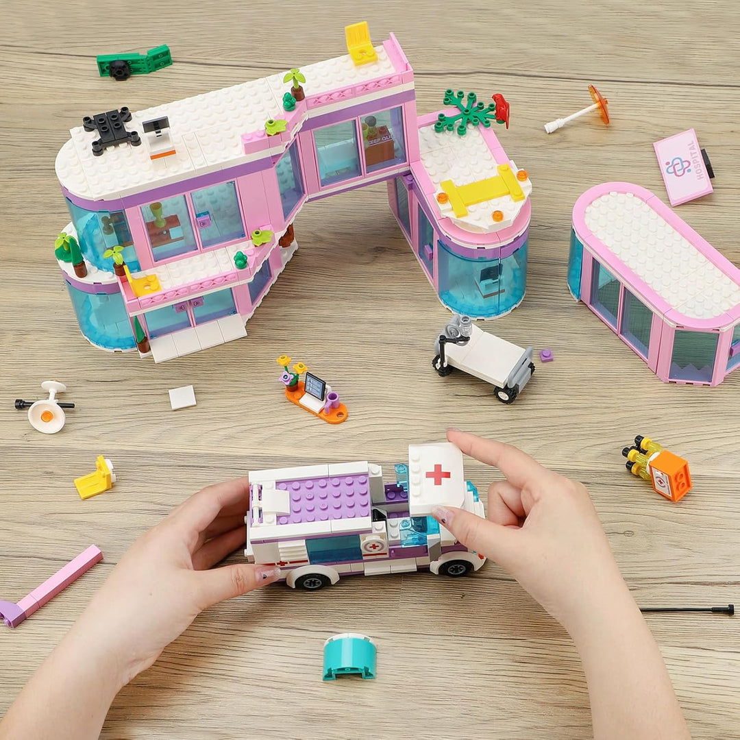 QLT QIAOLETONG Rosa Mädchen City Krankenhaus Baustein Set, Kompatibel mit Lego, inklusive Rettungs H