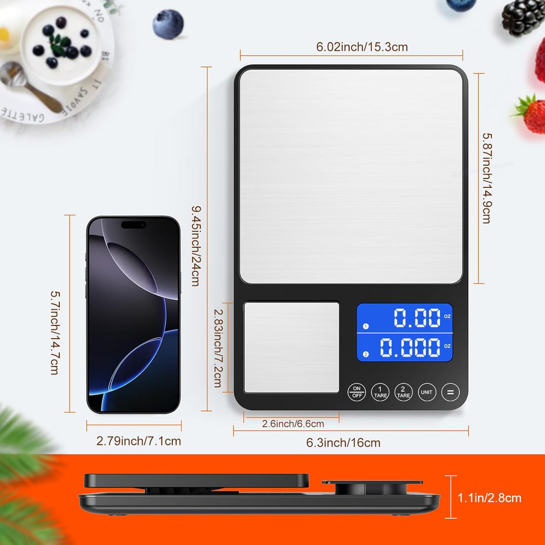 Digitale küchenwaagen mit Dual Plattform–Präzise 500g/0,01g&15kg/1g Messung, Tara-und Summierfunktio