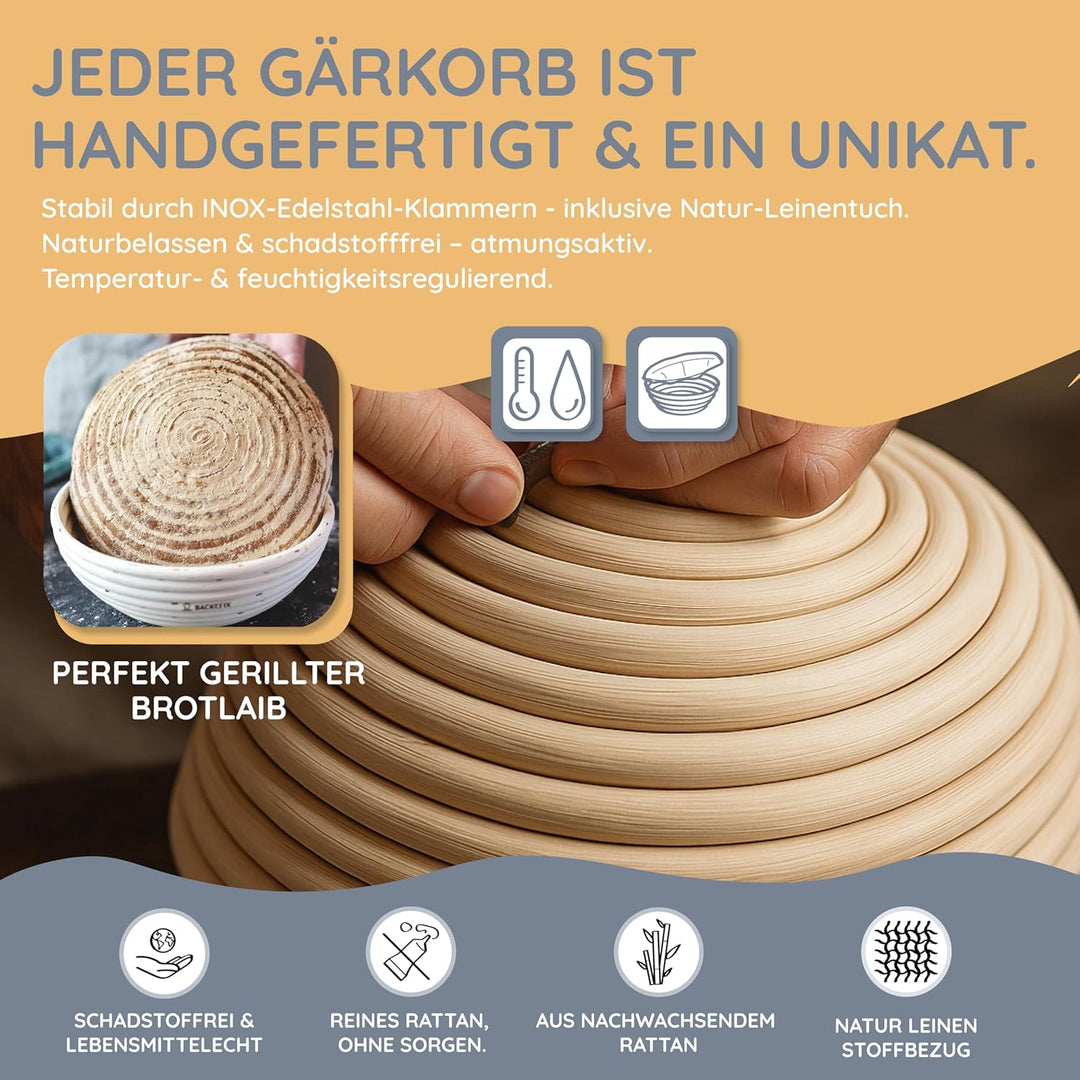 Backefix Gärkorb rund 30 cm gross | rundes Gärkörbchen für grosse Brote bis 1800g Teig | mit Leinent