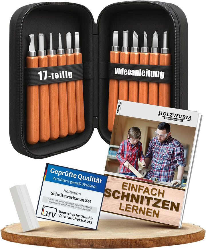 HOLZWURM Holz-Schnitzwerkzeug Set 12-tlg, inkl. Tasche, Anleitung & Abziehstein, ideales Schnitzmess