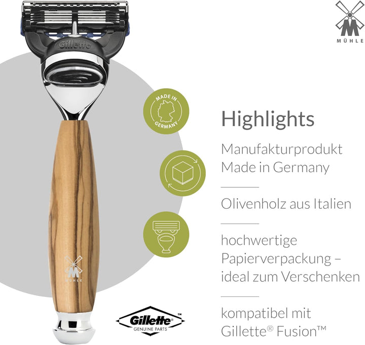 MÜHLE Vivo Rasierset kompatibel mit Gillette-Klingen, Pinsel Black Fibre, Halterung mit Schale, Oliv