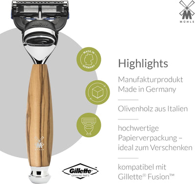 MÜHLE Vivo Rasierset kompatibel mit Gillette-Klingen, Dachshaar-Rasierpinsel, Halterung mit Schale -