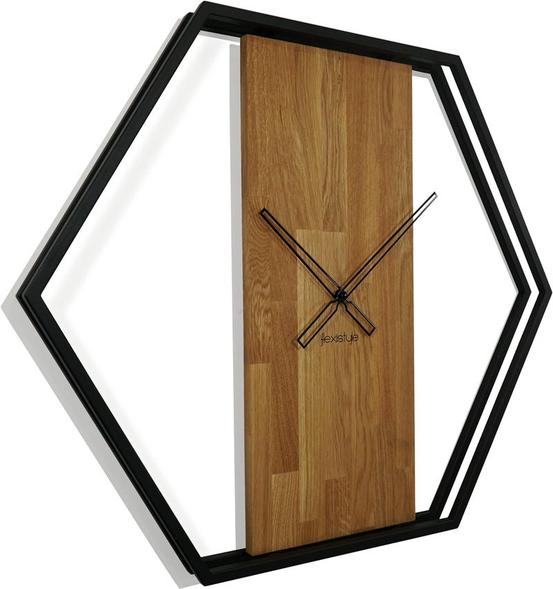 FLEXISTYLE Wanduhr gross XXL Hexagon Holz Eiche LOFT schwarz Industrial modern 80cm Durchmesser ohne