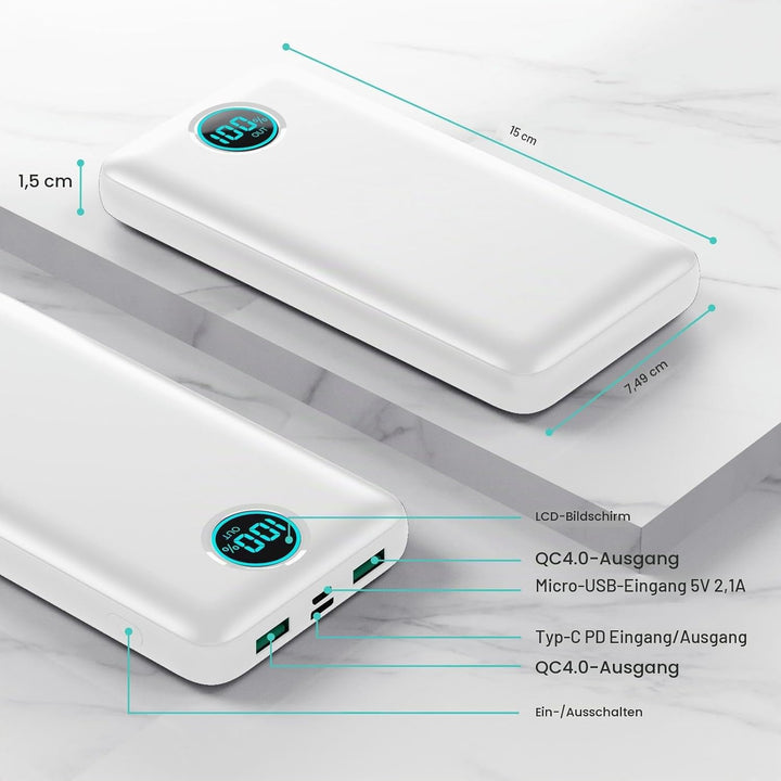 Power Bank USB C mit Kabel 26800mAh, PD 25W QC4.0 Schnellladung Powerbank, 5 Ausgängen Externe Handy
