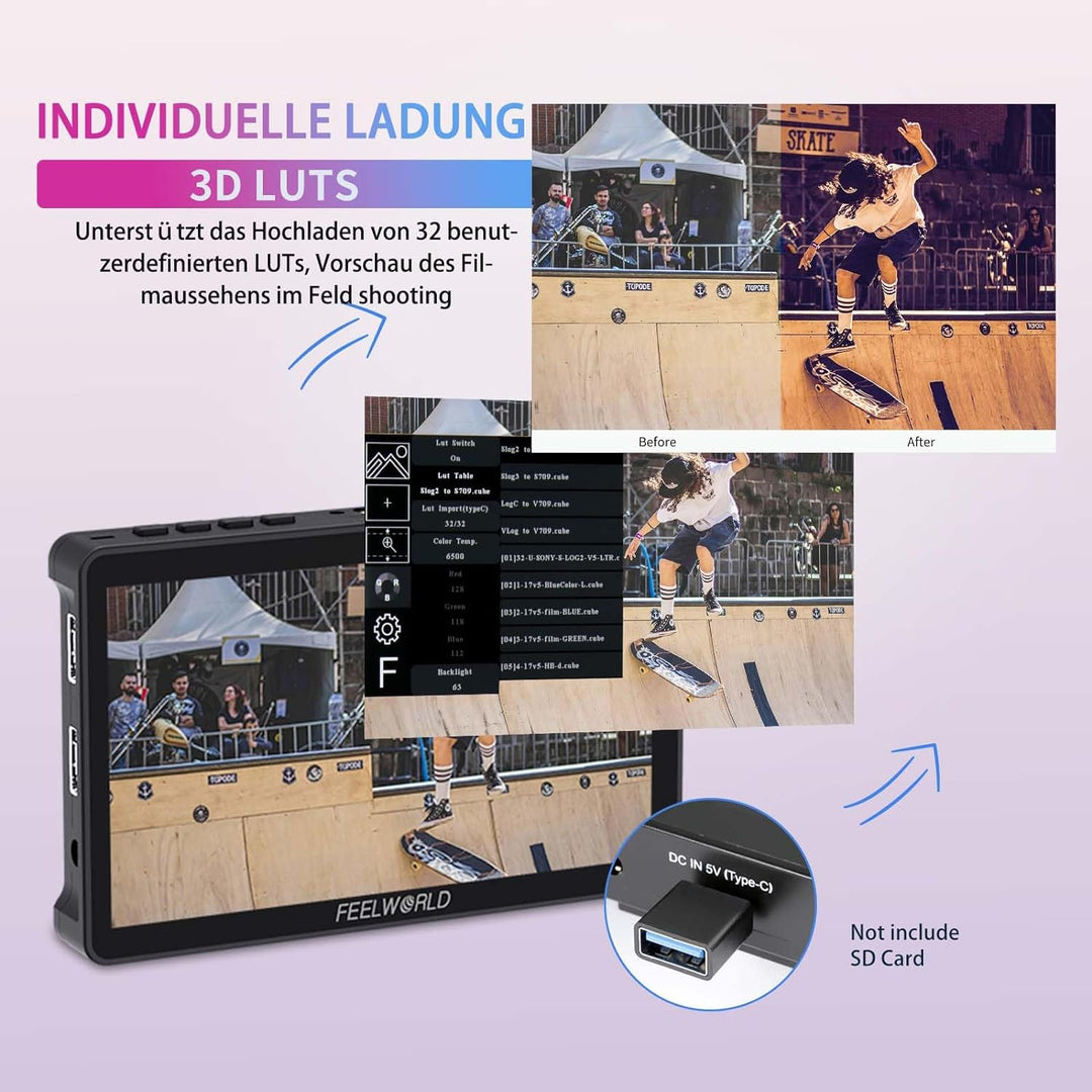 Feelworld F5 Pro V4 6 Zoll Touchscreen 3D LUT DSLR Kamera Field Monitor mit externem Kit Installiere