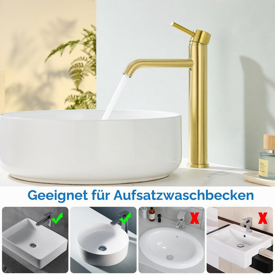 Waschtischarmatur Hoch, Wasserhahn Bad Gold für Aufsatzwaschbecken, Armatur Badezimmer Waschbecken,