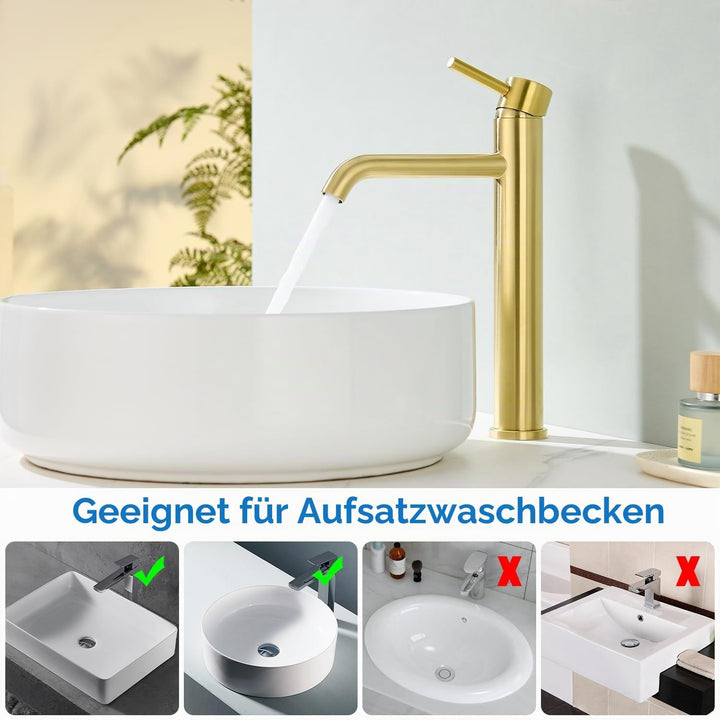 Waschtischarmatur Hoch, Wasserhahn Bad Gold für Aufsatzwaschbecken, Armatur Badezimmer Waschbecken,