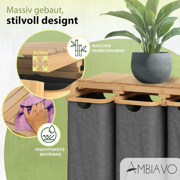 Wäschekorb 3 Fächer grau · Wäschesammler mit Ablage · Bambus | Warme Holz-Optik, schmal, riesiges Vo
