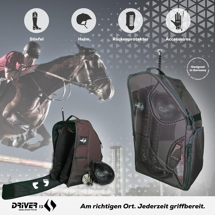 Driver13 Reitstiefelrucksack Reitstiefeltasche Stiefeletten Taschen Deluxe mit Helmfach für Reitstie