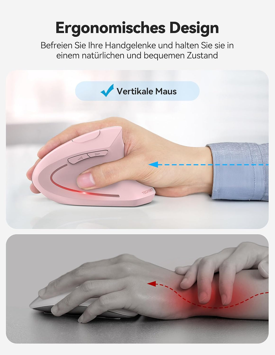 TECKNET Ergonomische Bluetooth Maus, Wiederaufladbar Kabellose Vertikale Maus (BT 5.0/3.0 + 2.4G), 6