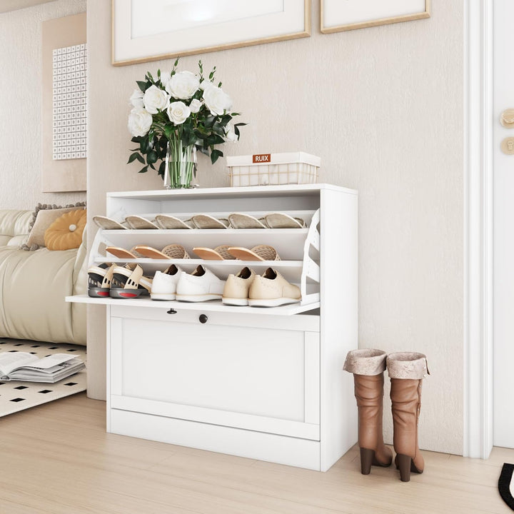 VOWNER Schuhschrank mit 2 Klappen, Schuhregal Schuhkipper Schmal, mit 6 Fächern, Schuhschrank Weiss,