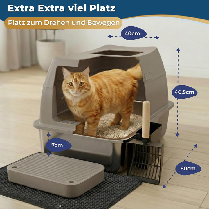 Katzenklo Edelstahl mit Deckel XXL – Geschlossene Katzentoilette mit 2 Eingängen, Trittstufe, Schauf