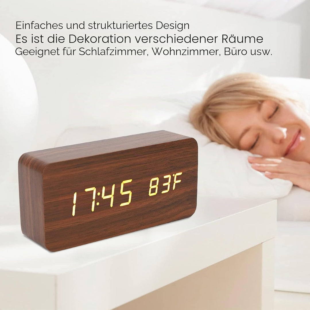 LED Tischuhr Holzoptik, Wecker Digital Funkuhr, Digitaler Wecker mit 3 Helligkeitsstufen, Elektronis