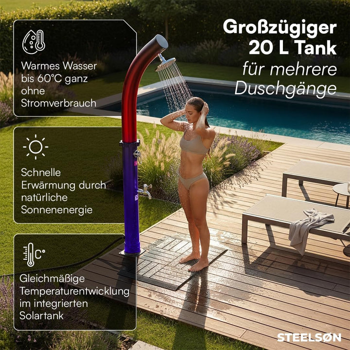 STEELSØN Selara Solardusche 20 L mit Bodenplatte – Gartendusche bis 60° C – Pooldusche gebogen Campi
