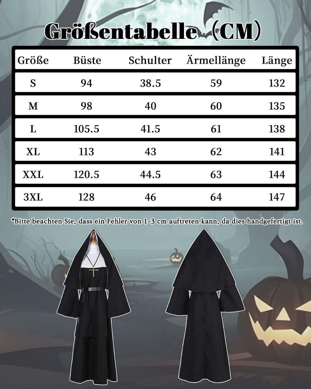 CR ROLECOS Nonnen Kostüm Damen,Faschingskostüme Damen Nonne für Erwachsene Kleidung Gothic Retro Kle
