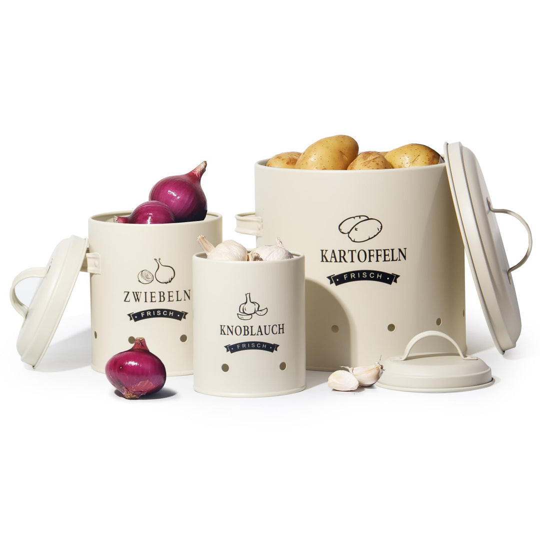 Theo&amp;Cleo Kartoffel Vorratsdosen Set, Kartoffeltopf im Retro Design Zwiebeltopf, Grosser Vorratsbehä