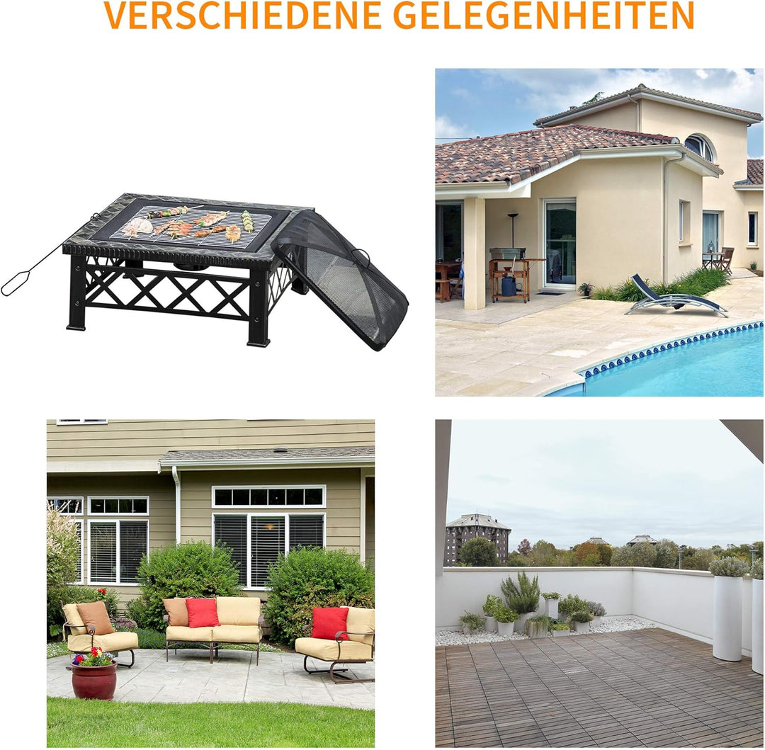 Outsunny 3-in-1 Feuerschale Feuerkorb Feuerstelle mit Funkenschutz Grillrost Eiskübel Garten BBQ Sch