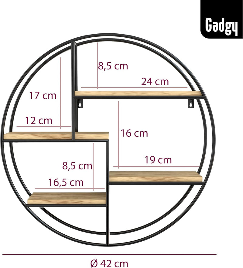 Gadgy Wandregal rund mit 4 Böden | Schweberegal rund | Wandregal Holz & geschweisstes Metall | Wandd