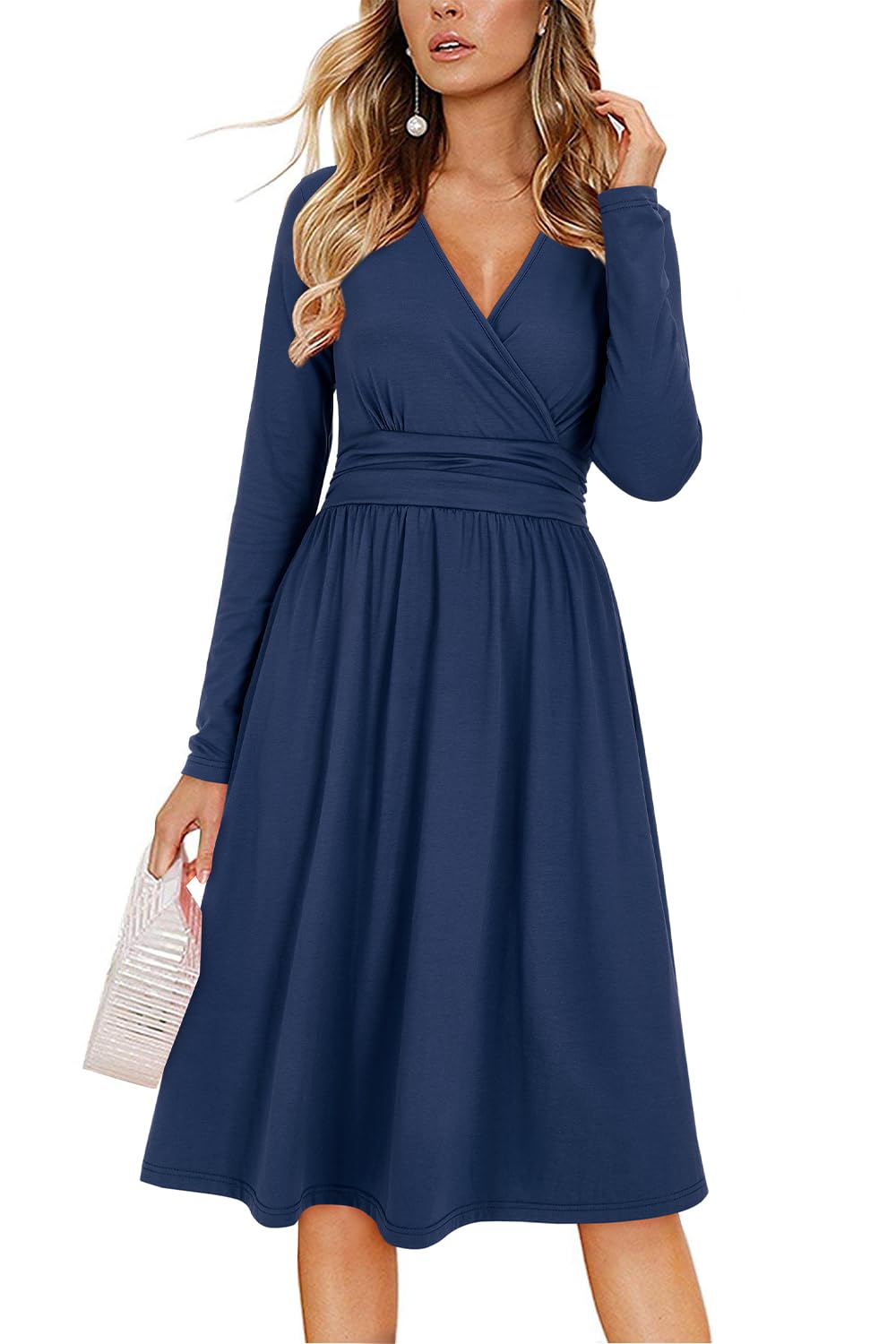 OUGES Sommerkleid Damen Kurzarm V-Ausschnitt Knielang Blumenmuster Midi Kleid mit Taschen S Marine-0